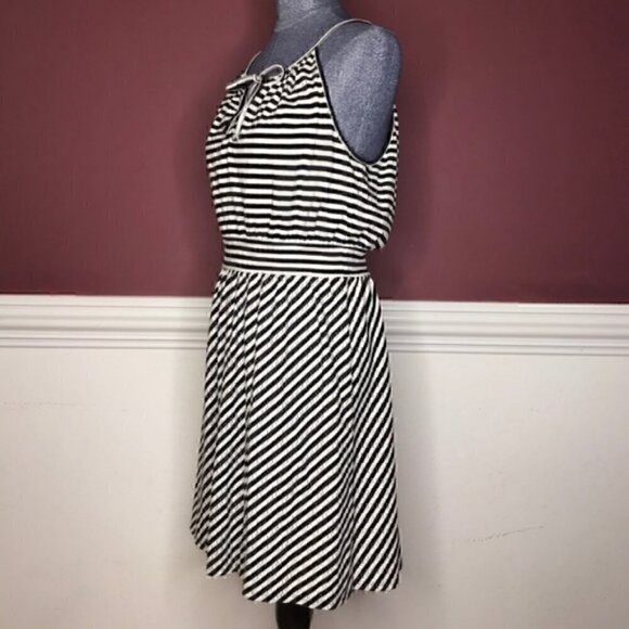 Elle b&w striped black and white midi dress size M cute tie bow keyhole - Picture 5 of 5